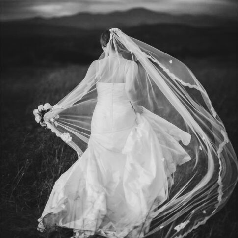 In an image taken during a stormy bridal session at Chattooga Belle Farm the brides veil and dress blow tumultuously in the wind.