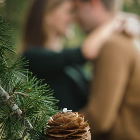 The focus is on the engagement ring which is set carefully on a pinecone in the foreground while the engaged couple smiles lovingly at each other in the background.