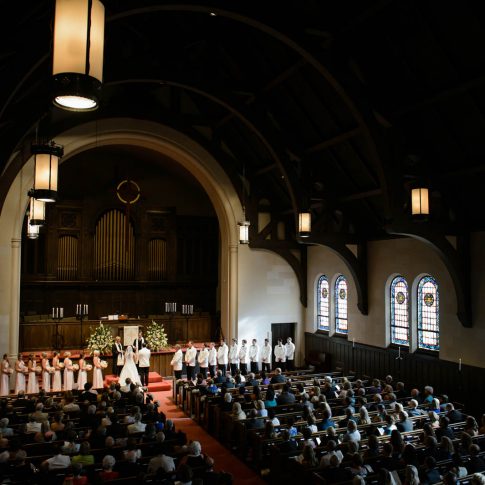 An overhead shot of the wedding ceremony during the vows that took place at Spartanburg Presbyterian Church.