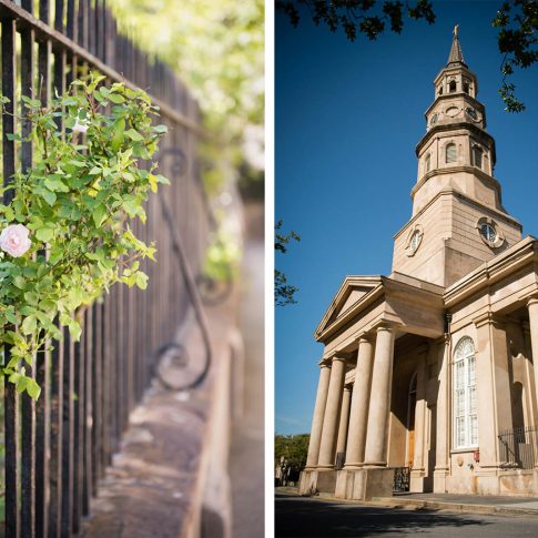 A detail shot of the pink flowers on bushes surrounding the church and a shot capturing the towering steeple and majestic columns around St. Philips church in Charleston, SC.