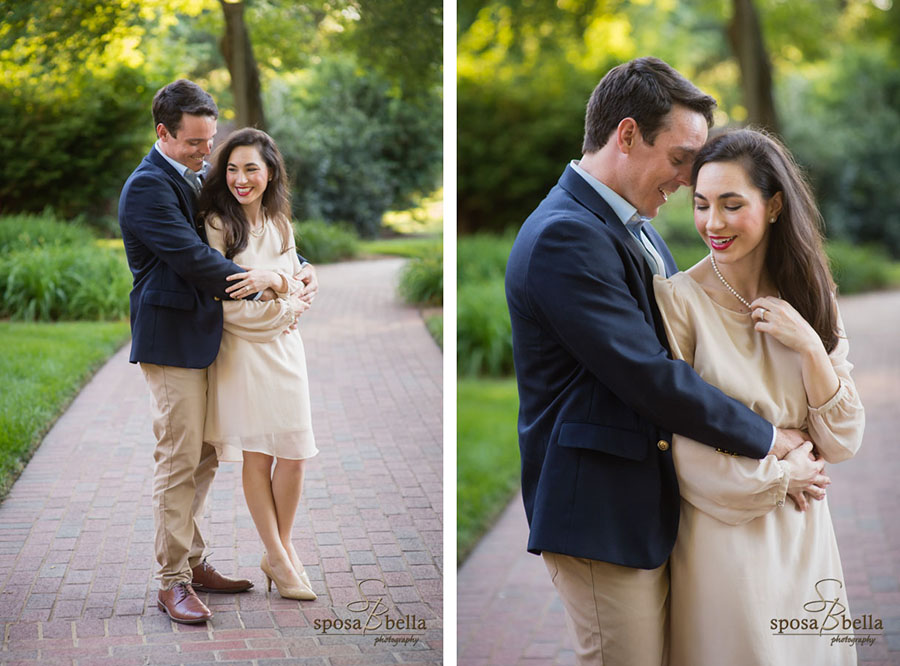 Engaged couple happily embraces in at Furman University. 