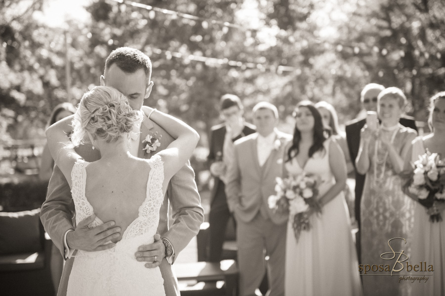 Black and white photo of a bride and groom's first dance.