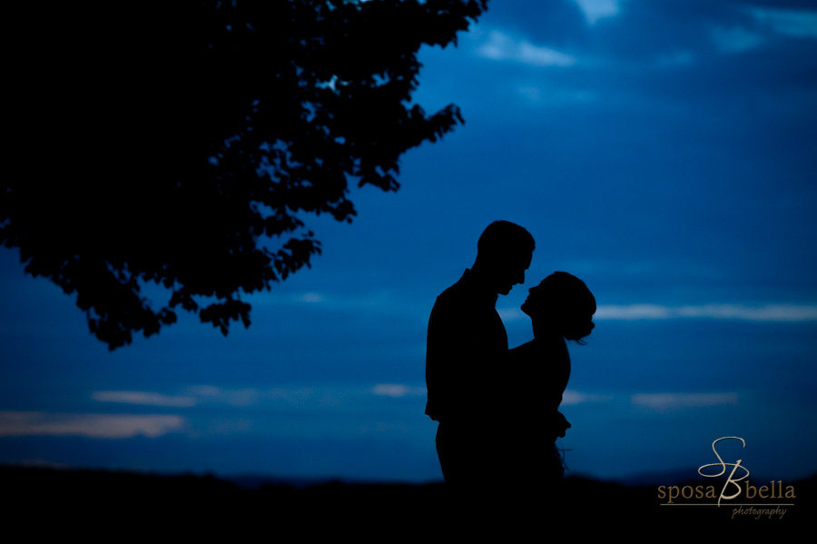 A bride and groom are silhouetted by a beautiful blue evening sunset.