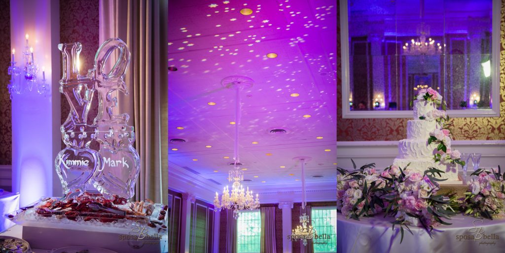 Ice sculpture carved to spell love, chandilers, and wedding cake with pink flowers at a wedding reception at the Poinsett Club.