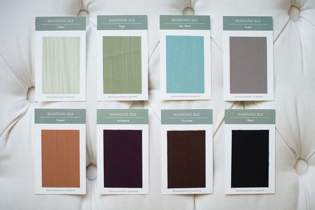 Swatches of silk wedding album colors.