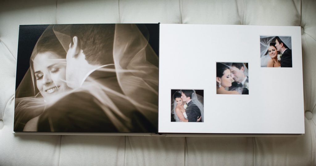 Page layout options of matted and coffee table style wedding album.