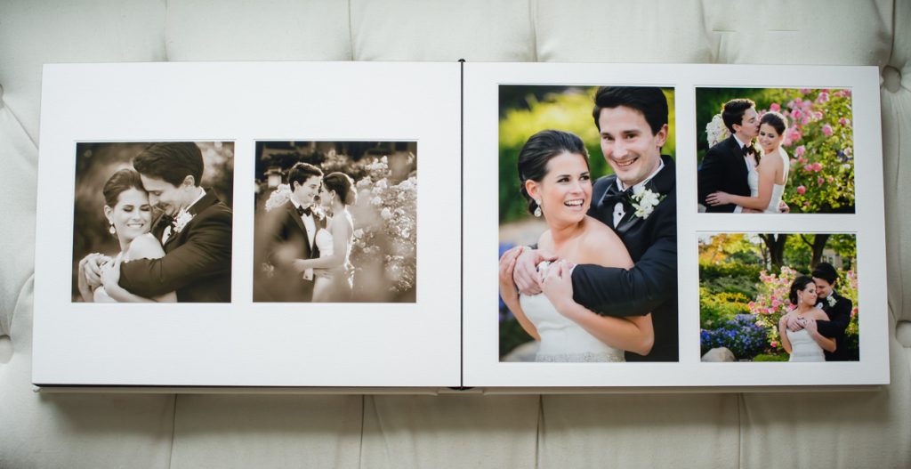 Matted album page design of bride and groom.