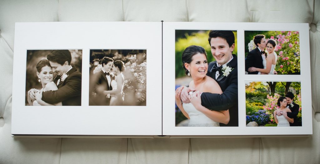 5 images of a bride and groom on their wedding day laid out in a matted wedding album.