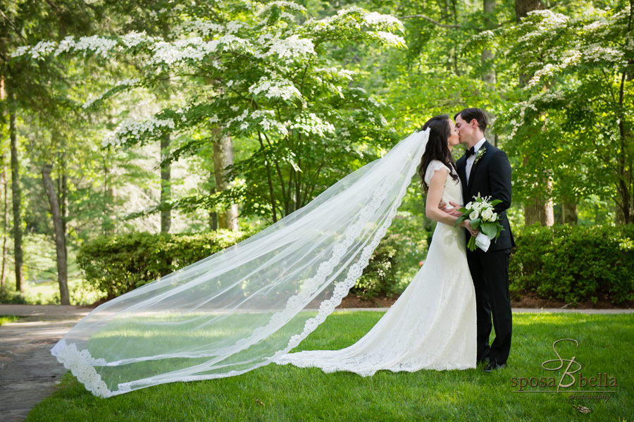 Bride and groom kiss at underneath the canopy of the trees at High Hampton Inn. 