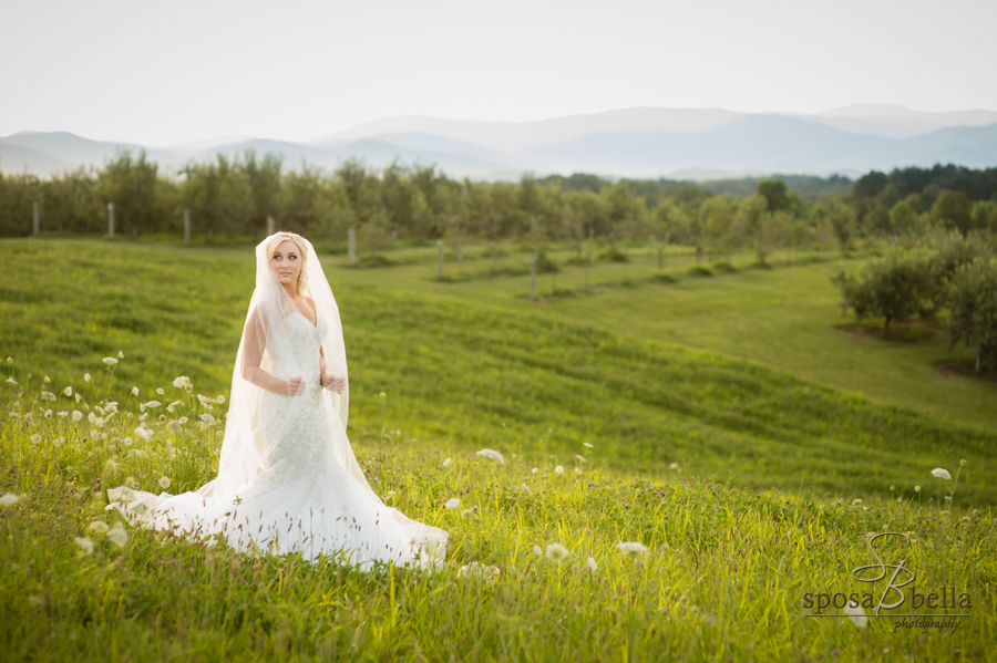 Bride gazes into the distance among the wildflowers. 