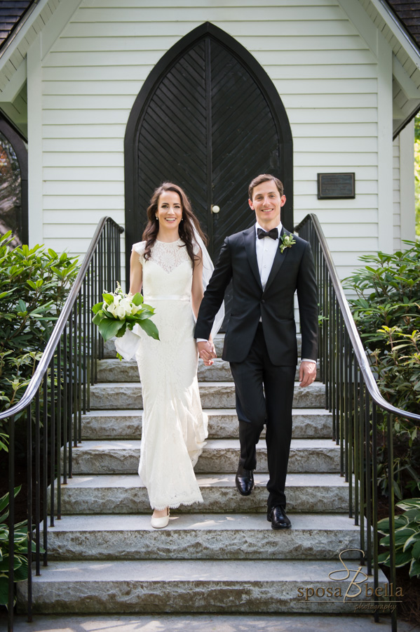 Bride and groom exit the chapel shortly after their wedding ceremony.