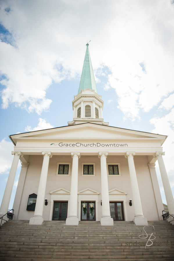 The towering Grace Church in downtown Greenville, with it's green steeple and elegant columns.