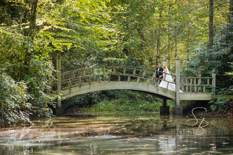 The couple takes advantage of the beautiful mountain scenery for a photo on an old wooden bridge. 