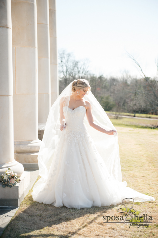 Bridal portrait with veil and sunlight streaming through.