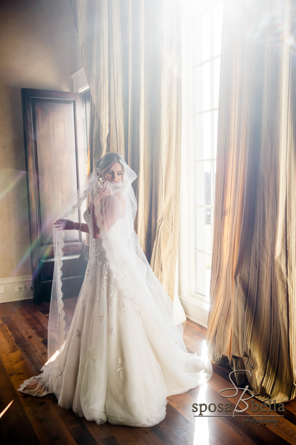 Beautiful bride with lace veil on her wedding day.