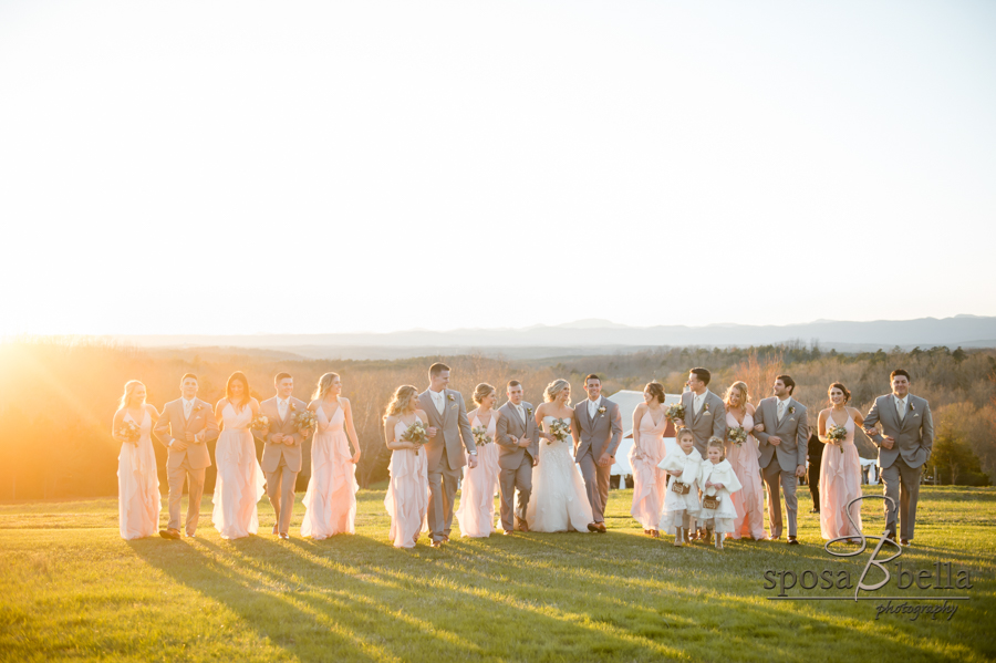 Bridal party photo at sunset.