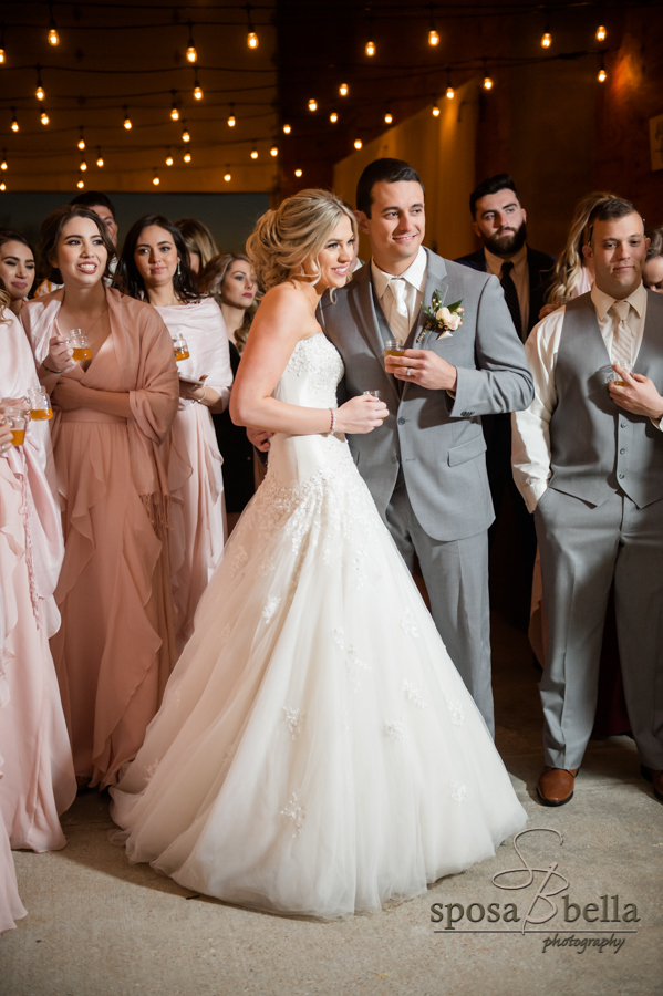 Newlyweds toasting at wedding reception.