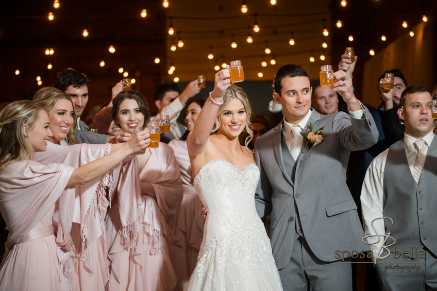 Newlyweds toasting at wedding reception.